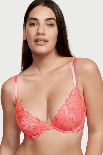 Victoria's Secret Coral Blossom Pink Floral Embroidered Lace Unlined Demi Bra