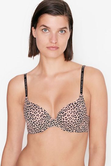Victoria's Secret Classic Brown Leopard Smooth Logo Strap Full Cup Push Up T-Shirt Bra