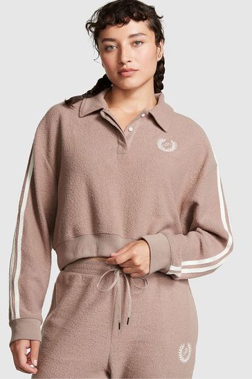 Victoria's Secret PINK Iced Coffee Brown Reverse Fleece Polo Sweatshirt