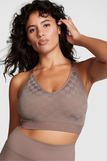Victoria's Secret PINK Iced Coffee Checkered Brown Non Wired Lightly Lined Seamless Sports Bra
