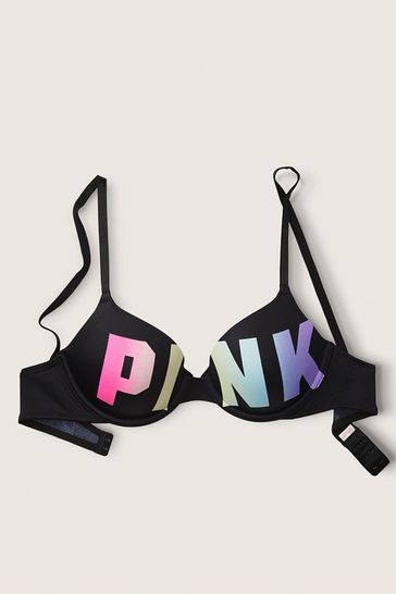 Victoria's Secret PINK Pure Black Rainbow Logo Smooth Lightly Lined T-Shirt Bra