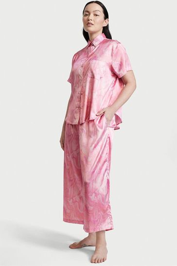 Victoria's Secret Showgirl Pink Marble Satin Short Sleeve Cropped Pyjamas