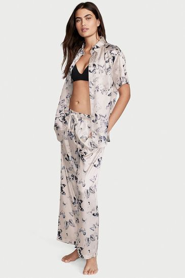 Victoria's Secret White Butterfly Satin Short Sleeve Cropped Pyjamas