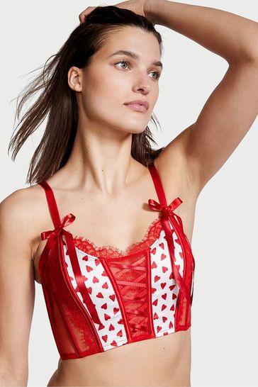 Victoria's Secret Red Unlined Lace Up Heart Print Corset Bra Top
