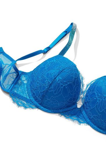 Victoria's Secret Enamel Blue Lace Shine Strap Plunge Push Up Bra