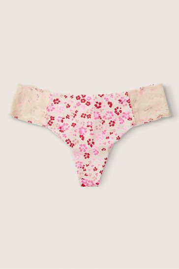 Victoria's Secret PINK Light Ivory Ditsy Floral NoShow Lace Trim Knickers