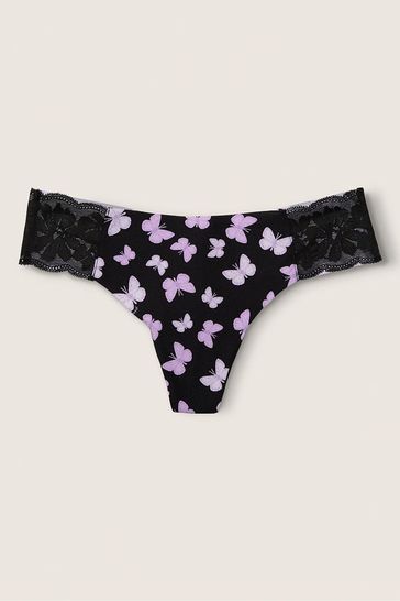 Victoria's Secret PINK Pure Black Butterfly No Show Thong Knickers