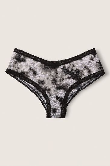 Victoria's Secret PINK Tie Dye Cement Grey and White Lace Logo Cheeky Knickers