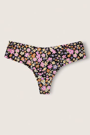 Victoria's Secret PINK Pure Black Ditsy Floral No Show Thong Knicker