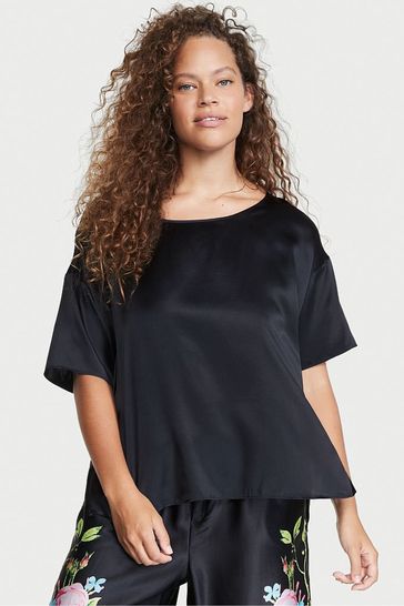 Victoria's Secret Black Silk Short Sleeve Oversized Pyjama Top