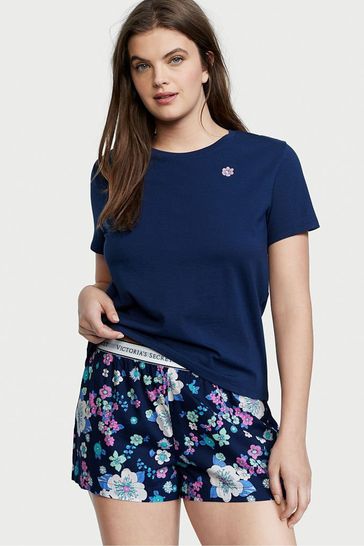 Victoria's Secret Ensign Navy Blue Floral Cotton T-Shirt Short Pyjamas