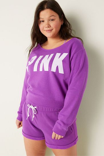 Victoria's Secret PINK Neon Purple Classic Logo Everyday Lounge Off The Shoulder Sweatshirt