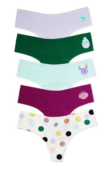 Victoria's Secret PINK Green/Blue/White/Pink/Purple Thong Smooth No Show Knickers Multipack