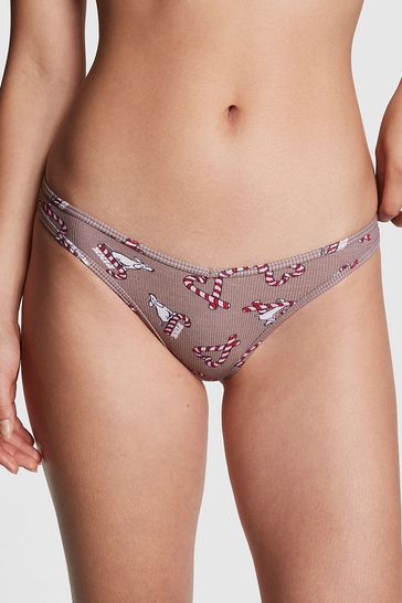 Victoria's Secret PINK Iced Coffee Brown Candy Cane Dog Rib Cotton Thong Knickers