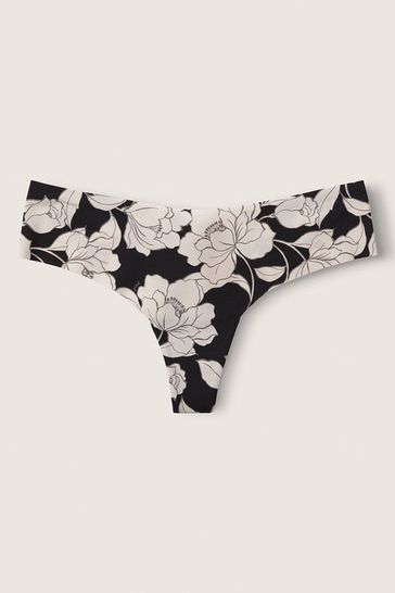 Victoria's Secret PINK Pure Black Drawn Floral No Show Thong Knickers