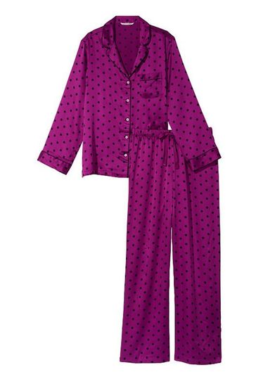 Victoria's Secret Raspberry Cooler Purple and Black Dot Satin Long Pyjamas
