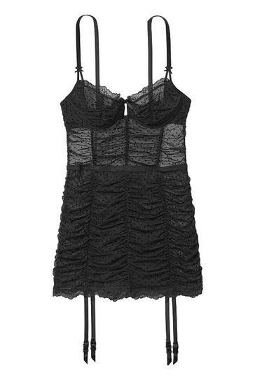 Victoria s Secret Black Sheer Ruched Garter Slip