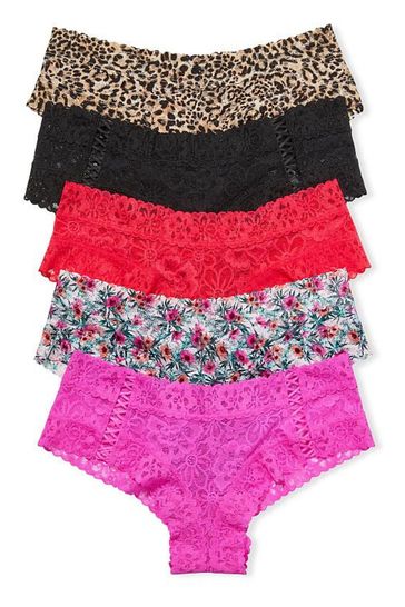 Victoria's Secret Black/Pink/Red/Leopard/Floral Lace Cheeky Knickers 5 Pack