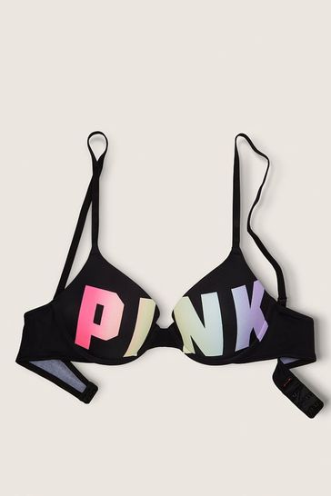 Victoria's Secret PINK Pure Black Rainbow Logo Smooth Push Up T-Shirt Bra