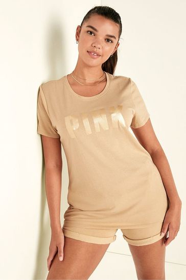 Victoria's Secret PINK Light Sand Brown Shine Short Sleeve T-Shirt