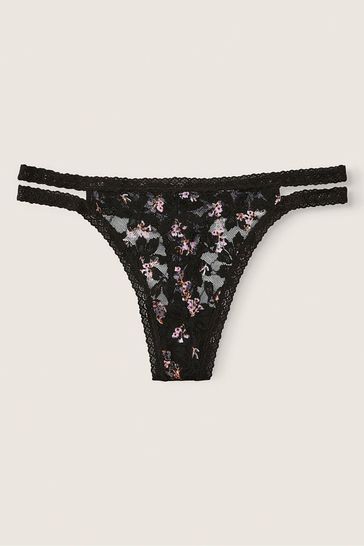 Victoria's Secret PINK Pure Black Floral Black Strappy Lace Thong Knickers