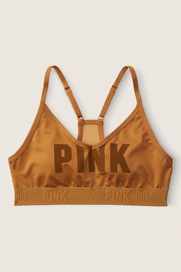 Victoria's Secret PINK Warm Brown Flocked Logo Lightly Lined Low Impact Sports Bra