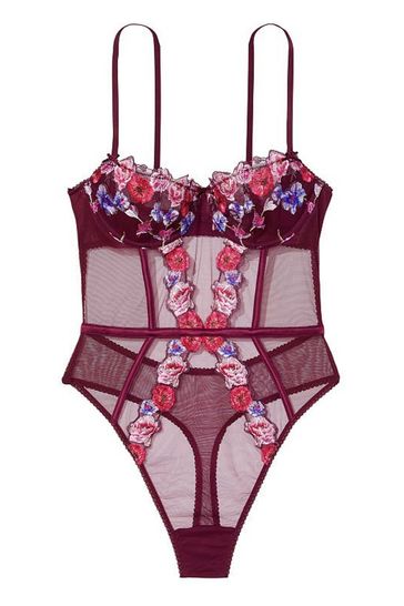 Victoria's Secret Burgundy Purple Embroidered Unlined Balcony Bodysuit