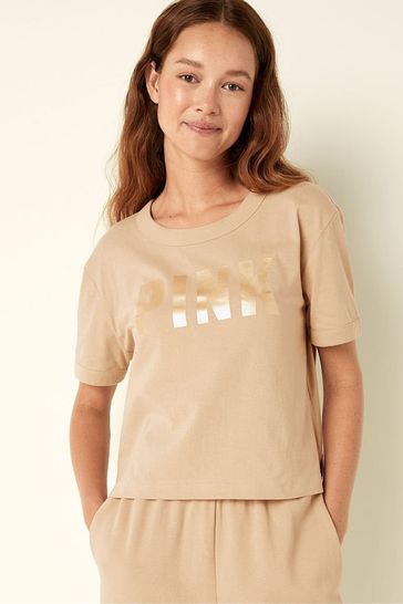 Victoria's Secret PINK Light Sand Brown Logo Oversized Short Sleeve T-Shirt