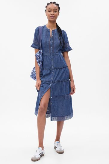 Buy Gap LoveShackFancy Denim Tiered Midi Dress from the Gap online