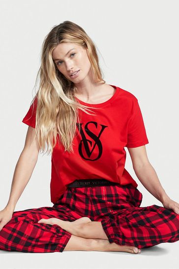 Victoria's Secret Lipstick Red & Black Plaid Short Sleeve Long Flannel Pyjamas