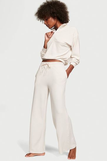 Victoria's Secret Linen White Double Knit Waffle Wide Leg Jogger