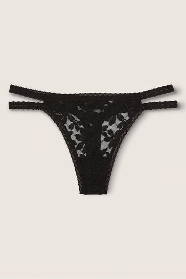 Victoria's Secret PINK Pure Black Black Strappy Lace Thong Knickers