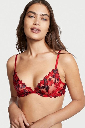 Victoria's Secret Plaid Red Floral Embroidered Lace Unlined Demi Bra