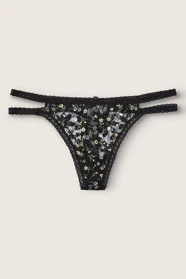 Victoria's Secret PINK Pure Black Floral Strappy Lace Thong Knickers