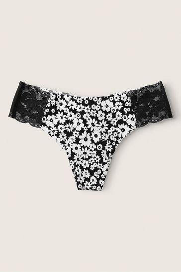 Victoria's Secret PINK Pure Black Floral No Show Thong Knickers