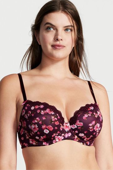 Victoria's Secret Peony Print Burgundy Purple Smooth Lace Wing Lightly Lined Demi Bra