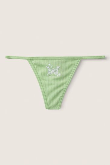 Victoria's Secret PINK Soft Jade with Embroidery Green Cotton G String Knickers