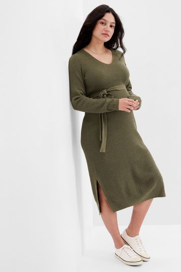 Gap Green Maternity Crew Neck Belted Jumper Dress