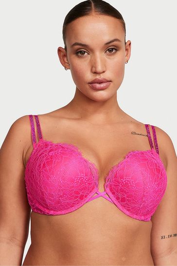 Victoria's Secret Forever Pink Lace Add 2 Cups Push Up Double Shine Strap  Add 2 Cups Push Up Bombshell Bra
