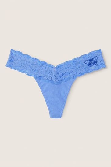 Victoria's Secret PINK Cornflower Blue With Graphic Band Everyday Lace Trim Thong Knickers