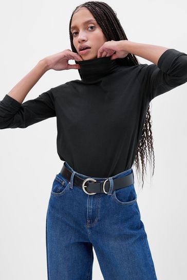Ribbed Long Sleeved Turtle Neck Top Black
