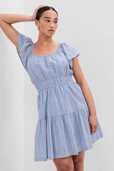 Buy Gap Flutter Sleeve Tiered Square Neck Mini Dress from the Gap