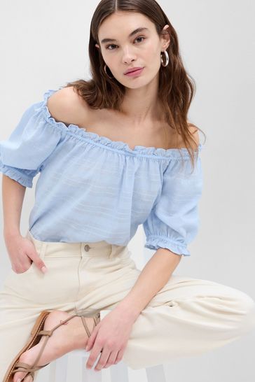 Gap Blue Relaxed Boatneck Puff Sleeve Top
