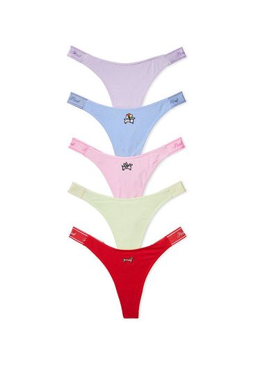 Victoria's Secret PINK Purple/Blue/Pink/Yellow/Red Thong Logo Multipack Knickers