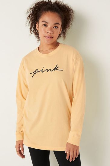 Victoria's Secret PINK Honey Yellow Cotton Long Sleeve Campus T-Shirt