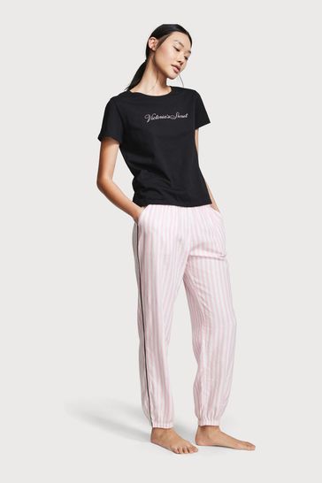 Victoria's Secret Pink and White Shine Stripe Short Sleeve T-Shirt Flannel Pyjamas