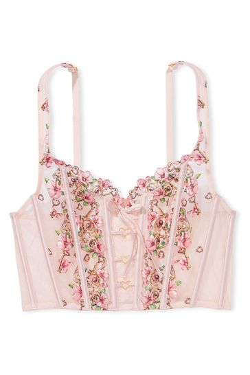 Victoria's Secret Ballet Floral Pink Embroidered Unlined Non Wired Corset  Bra Top