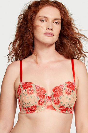 Victoria's Secret Tomato Red Embroidered Illuminating Blooms Demi Bra