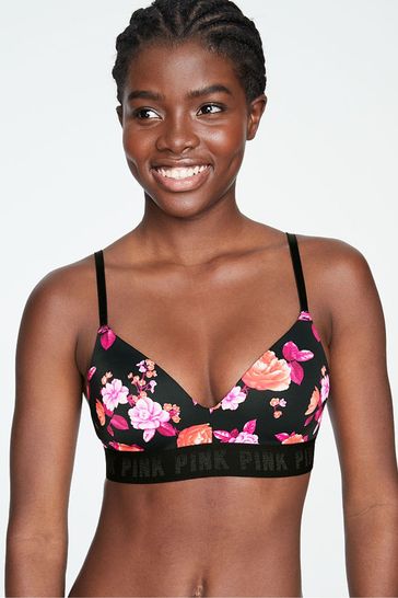 Victoria's Secret PINK Pure Black With Pink Floral Wear Everywhere Wireless  Lightly Lined Push Up Bra