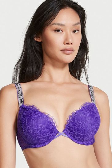 Victoria's Secret Bright Violet Purple Add 2 Cups Shine Strap Lace Push Up Bra